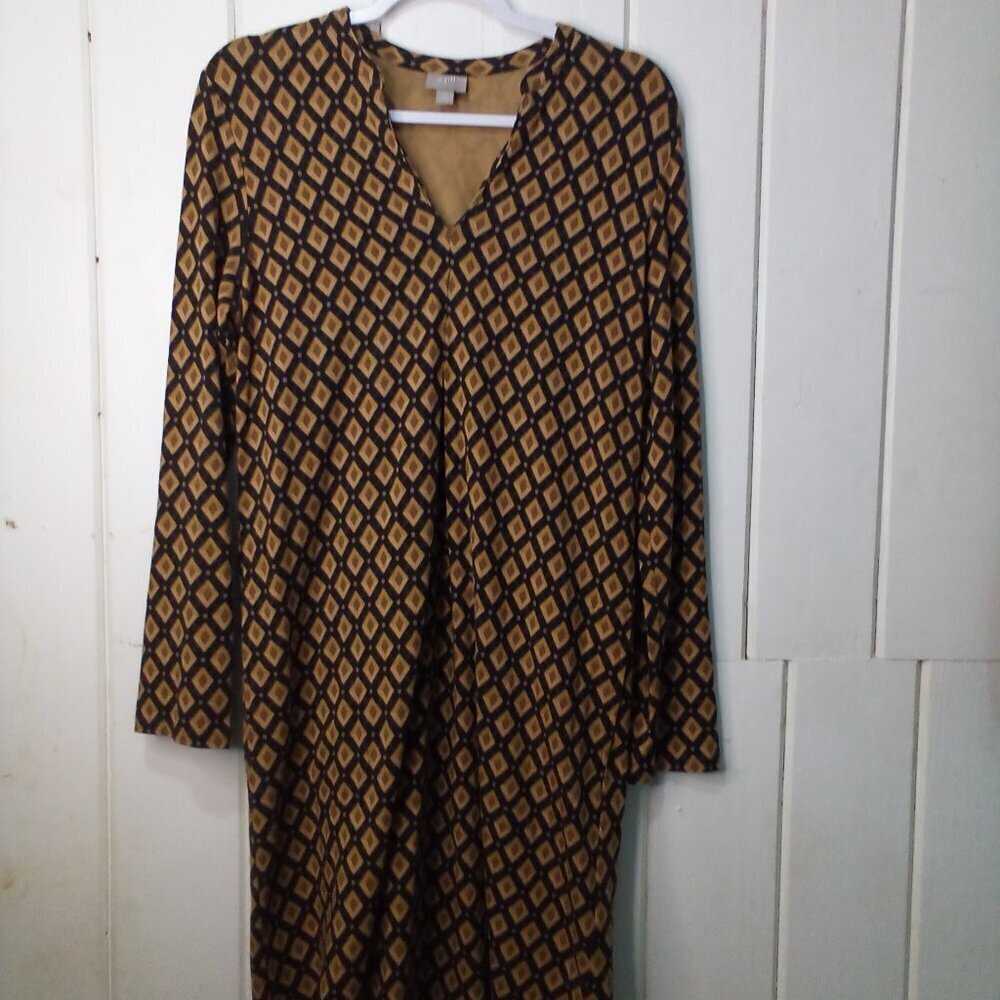 J Jill Dress Women S Long Sleeve V-Neck Stretch Pattern Brown Black
